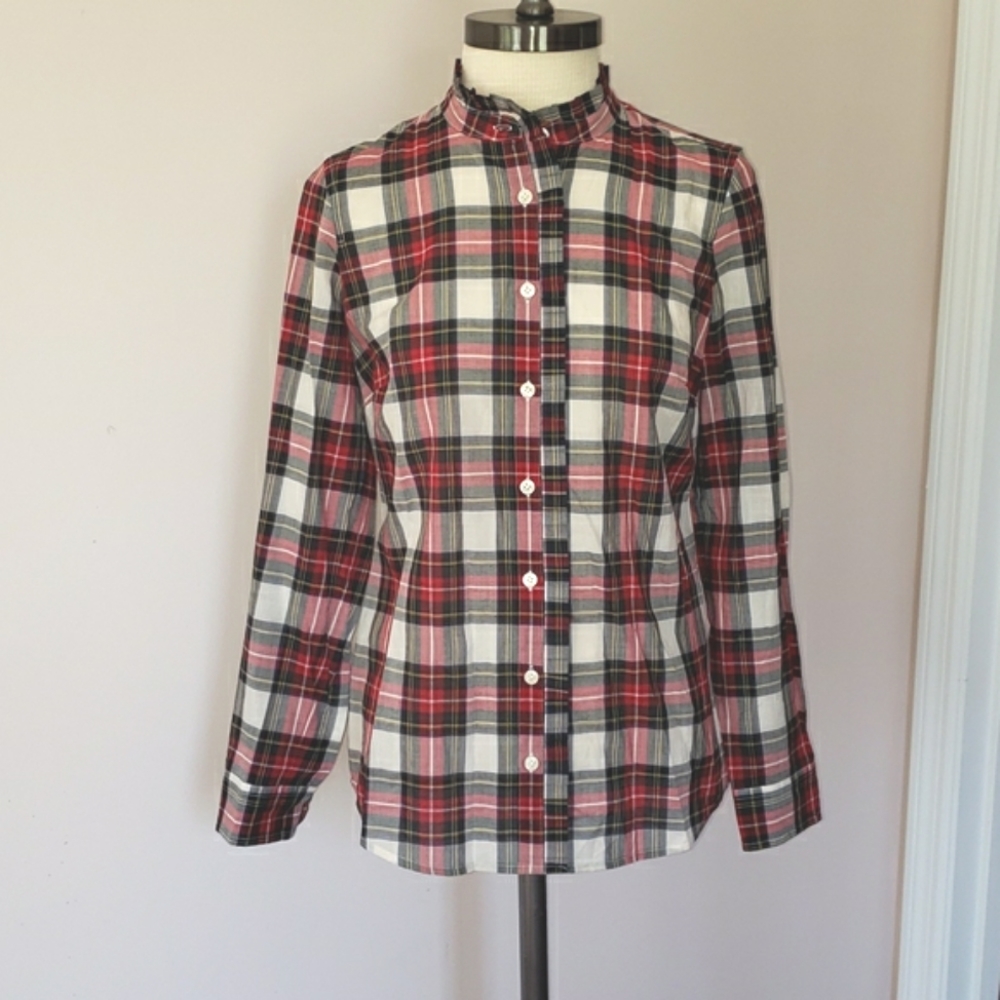 NWT J Crew Factory Plaid Ruffle Neck Button Front Shirt, Size XS